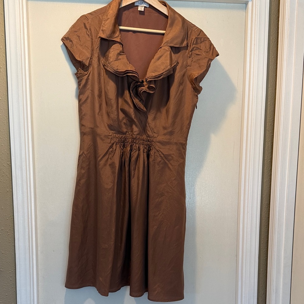 LOFT Brown Ruffle-Front Cap Sleeve 100% Silk Mini Dress